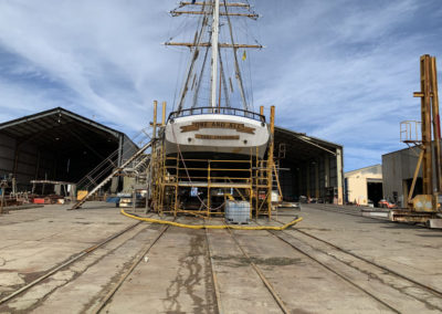 The One and All Tall ship in slippage with scaffolding in place so the abrasive blasting can begin